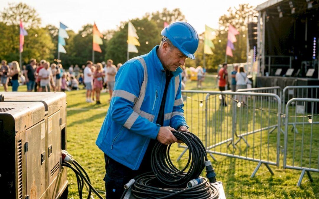 Technician setting up event power generator outdoors