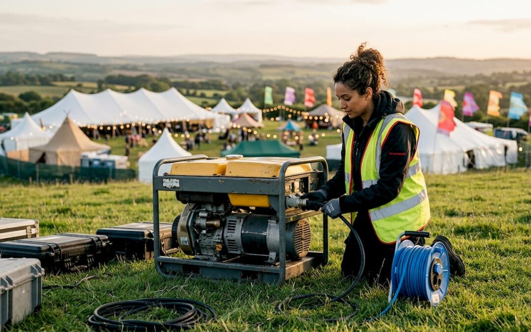 Technician connecting power cables to generator outdoors