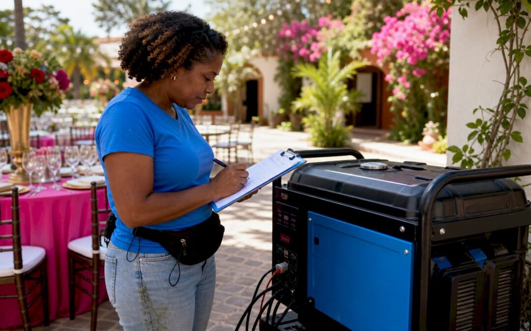 Event planner checking generator at outdoor venue
