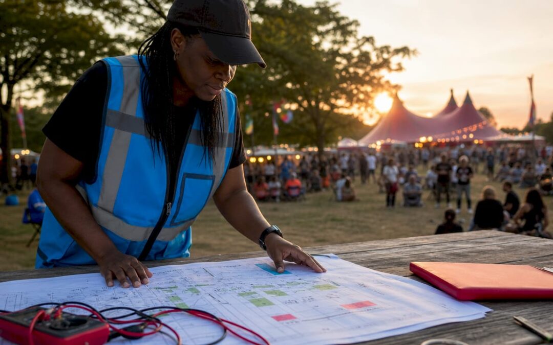 Festival power manager reviewing electrical plans outdoors
