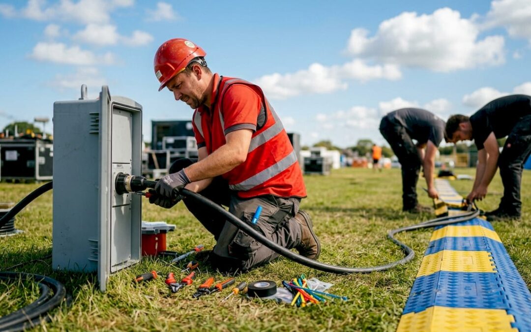 Electrical contractor connecting power cable at event