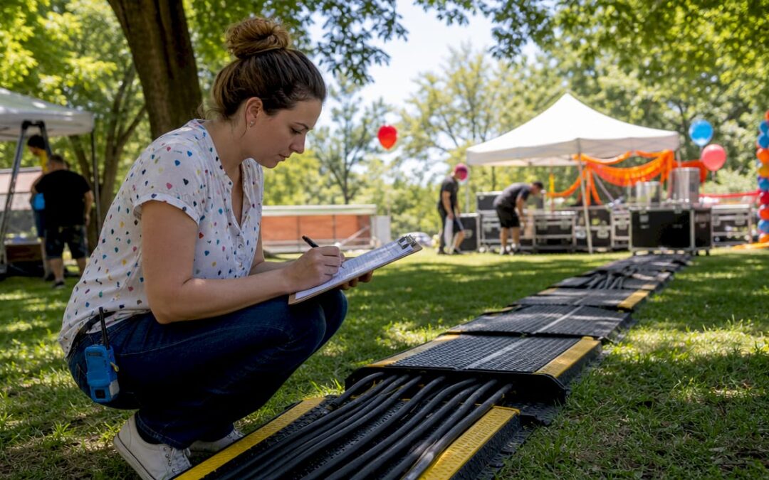 Event planner inspecting cables outdoors