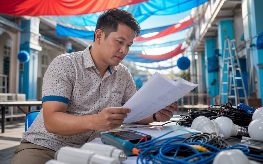 Event planner reviewing lighting power consumption charts