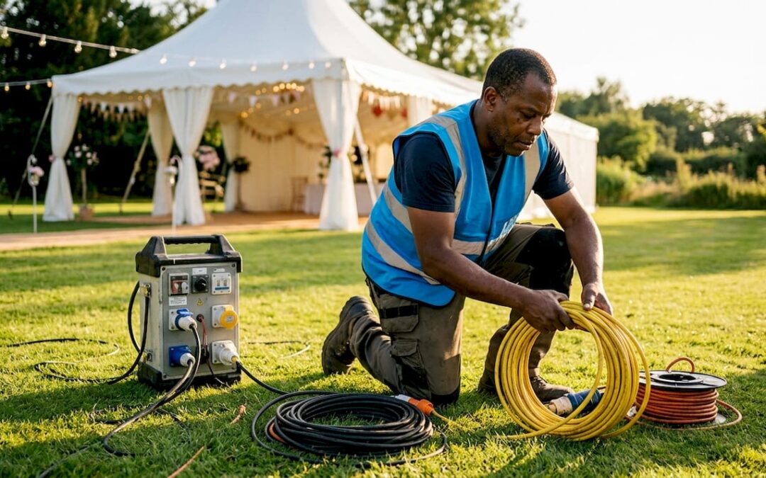 Electrician setting up wedding event power cables outdoors
