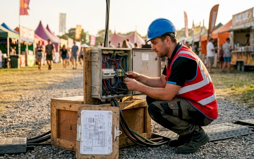 Electrician inspecting event power distribution board