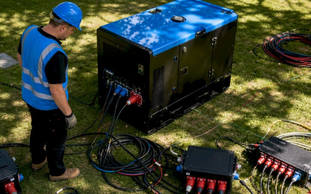 Technician inspecting portable generator outdoors