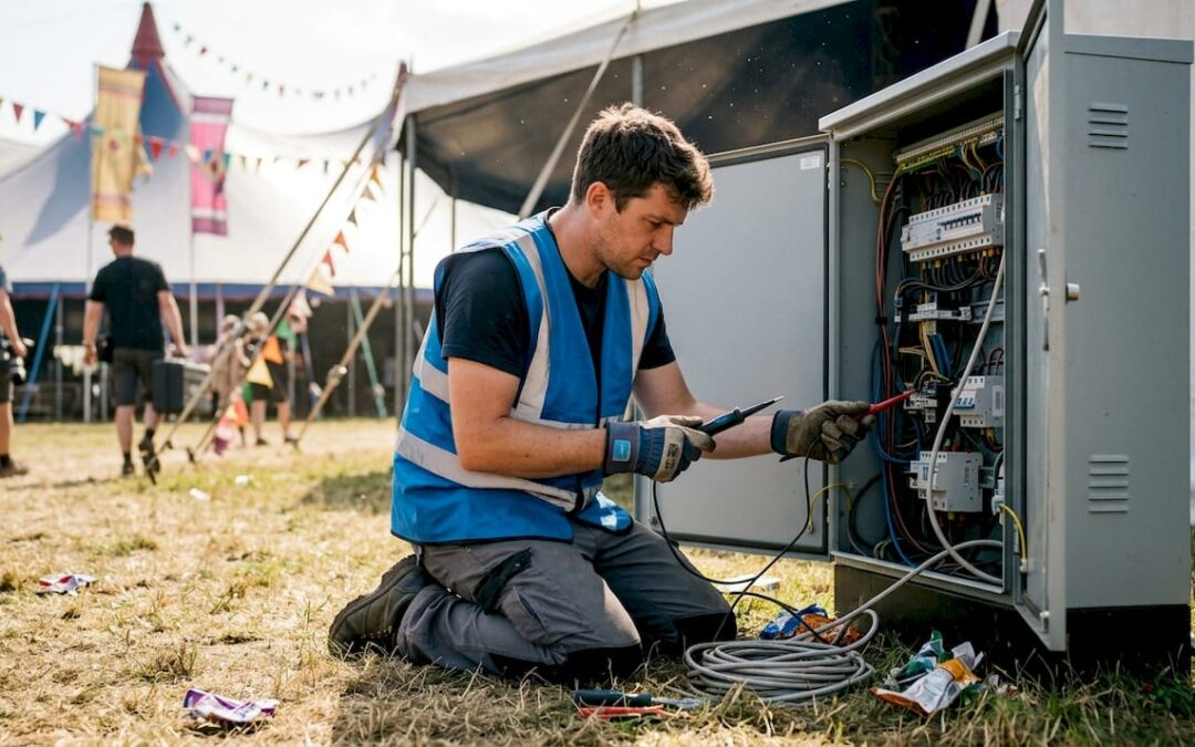 Technician setting up distribution board outdoors