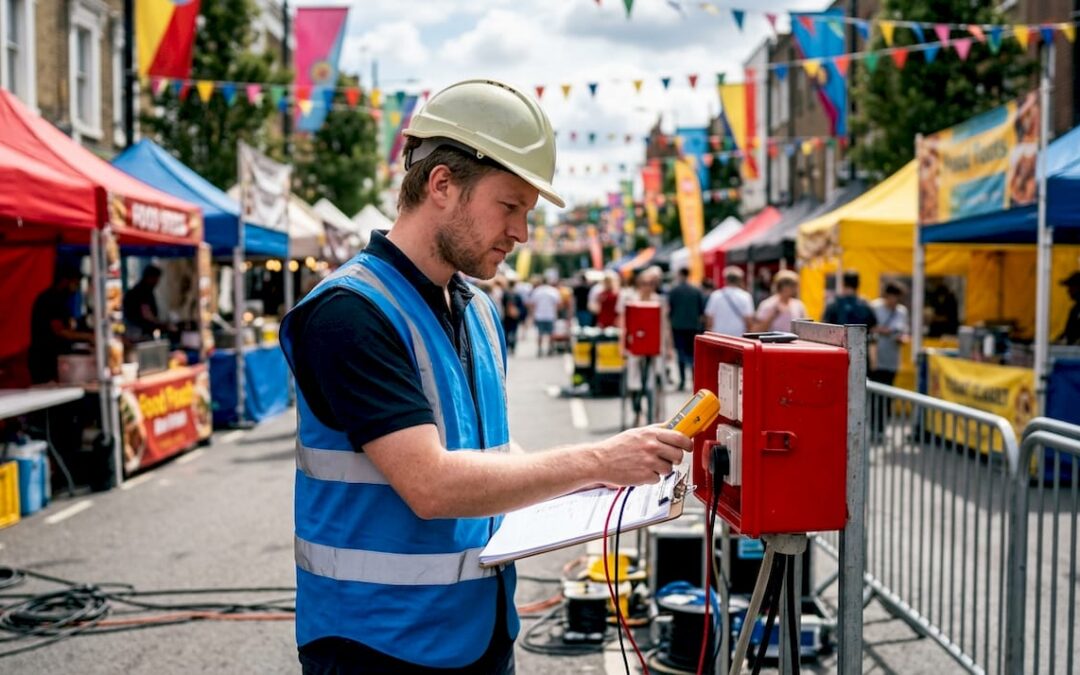 Inspector checking temporary event electrical setup