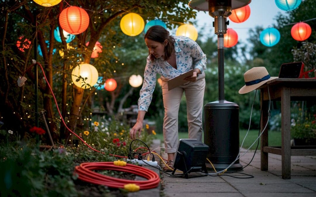 Host checking garden party electrical setup outdoors