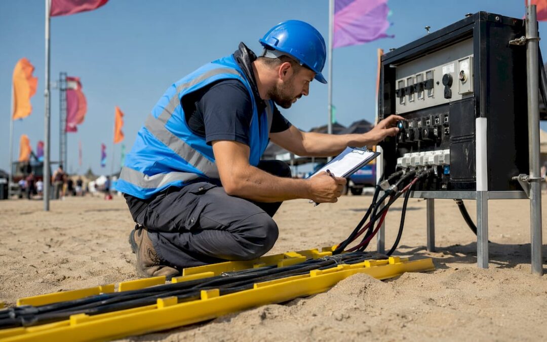 Technician inspecting temporary event power setup outdoors