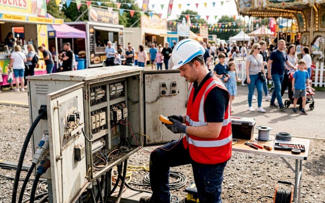 Technician inspecting outdoor event power unit