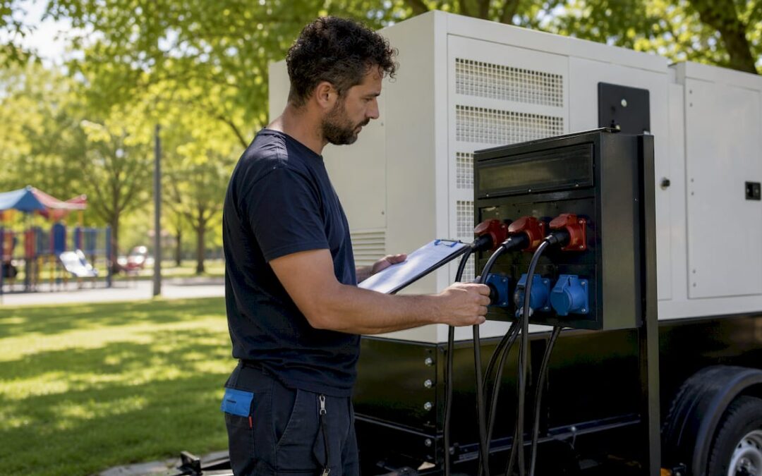 Technician inspecting power equipment outdoors