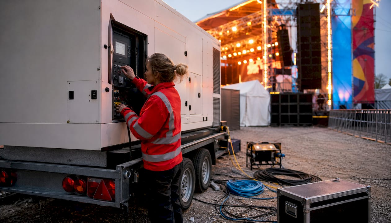 Engineer inspecting large standby generator at event venue