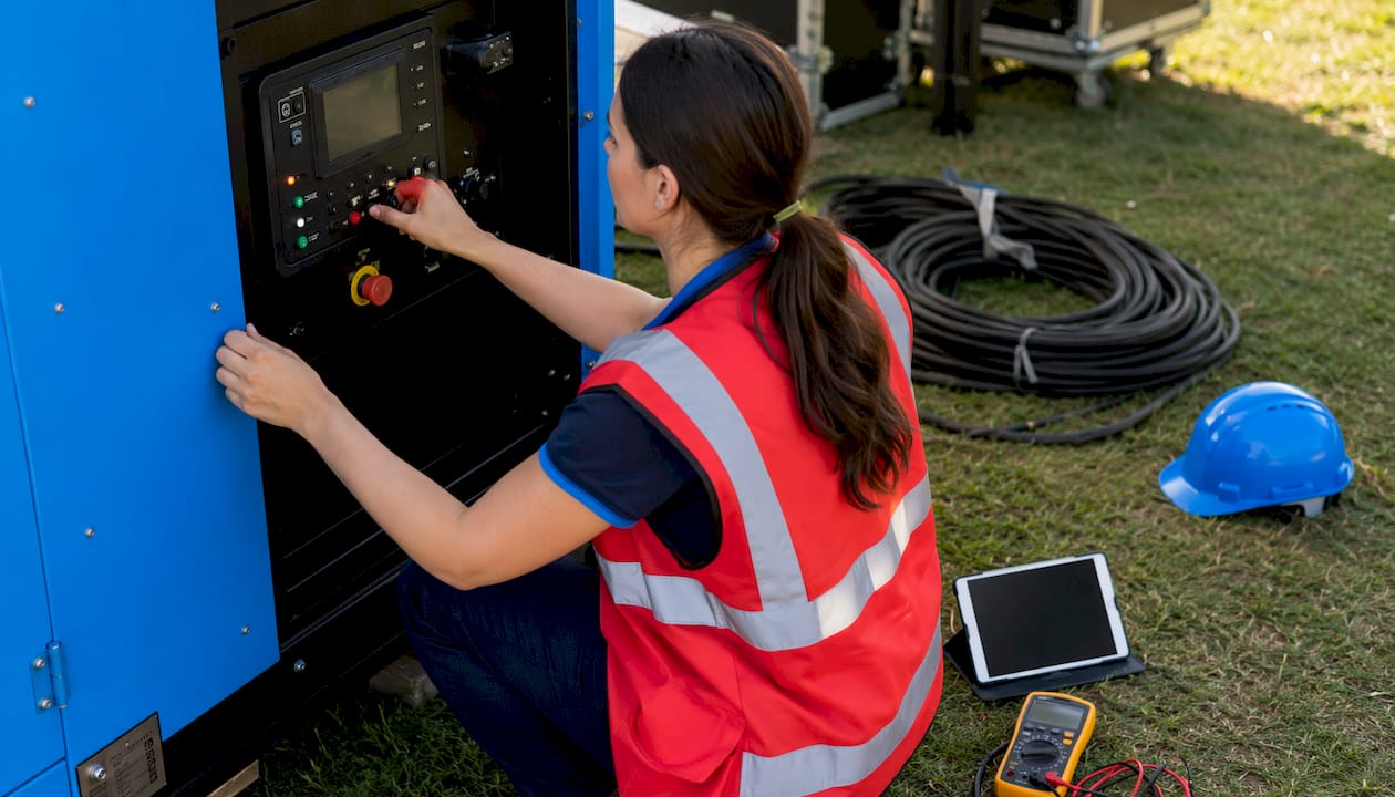 Engineer adjusting generator controls outdoors