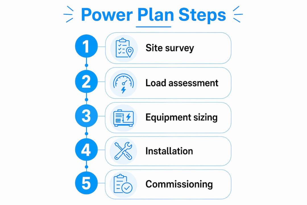 Infographic illustrating power plan steps from survey to commissioning