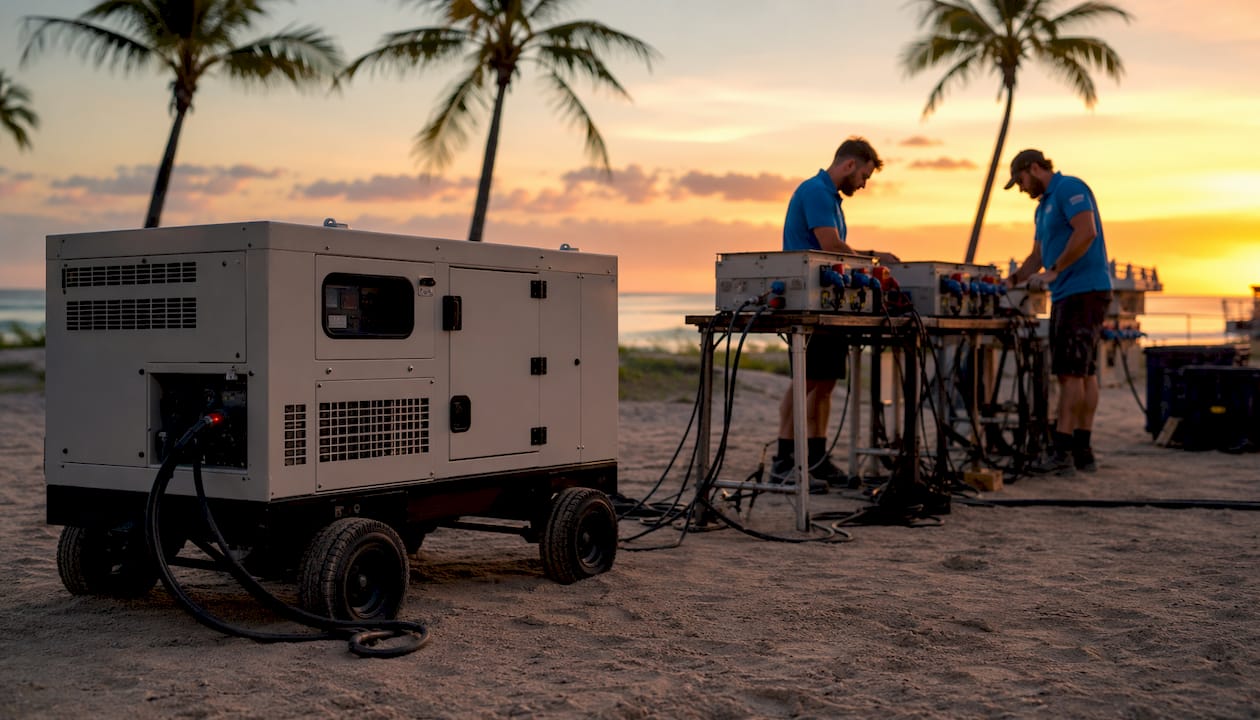 Outdoor silent generator powering event