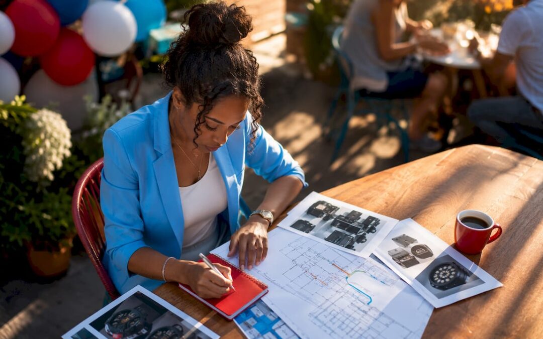 Event planner reviewing power equipment layouts