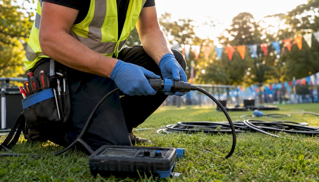 Technician inspecting event power cable connection