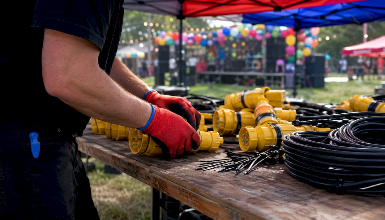 Technician connecting outdoor electrical cables at event
