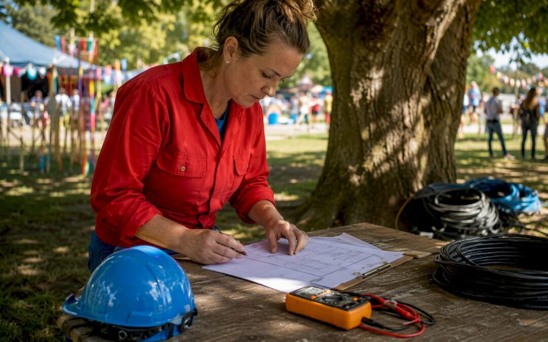 Engineer reviewing festival electrical plans outdoors