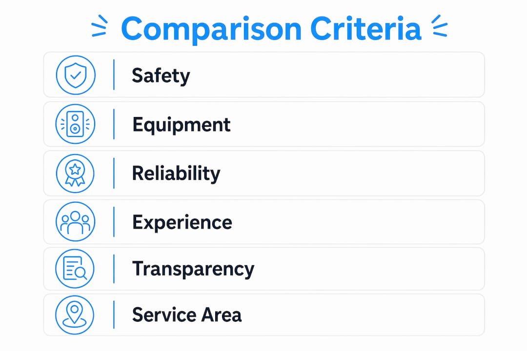 Infographic showing event setup provider comparison criteria
