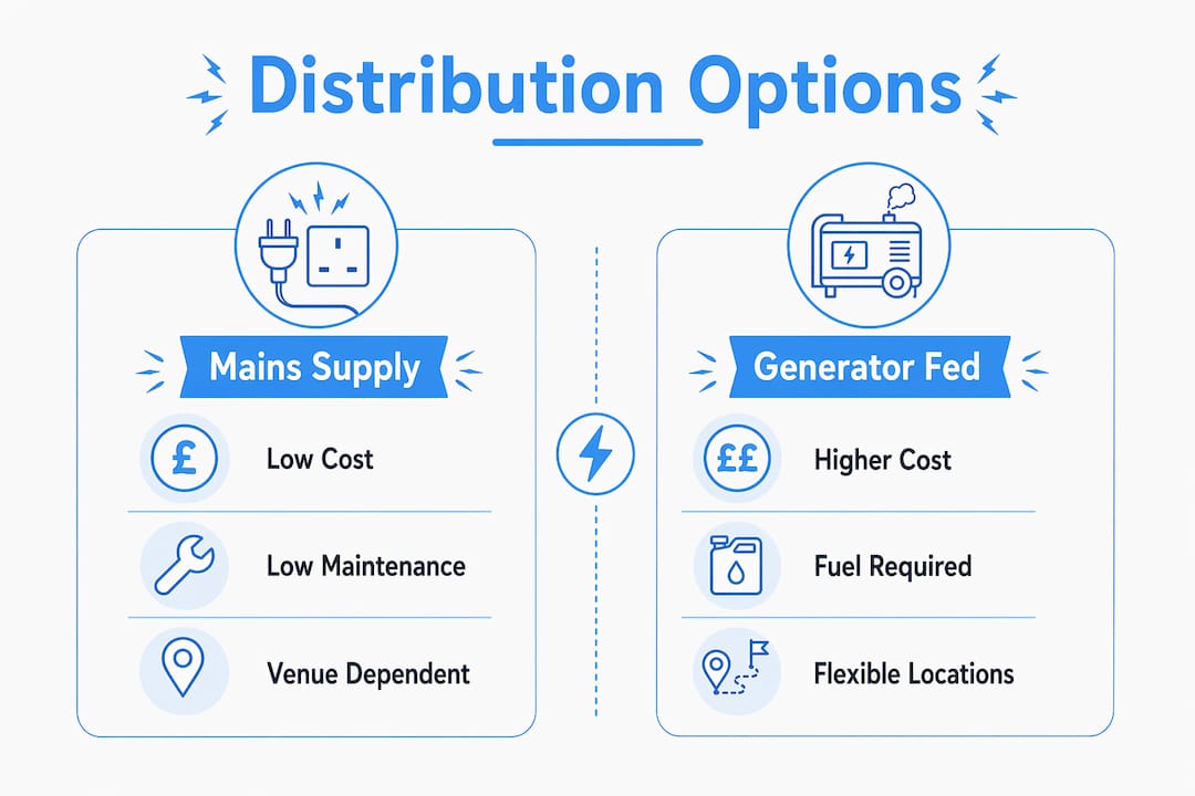Infographic comparing event electrical distribution options