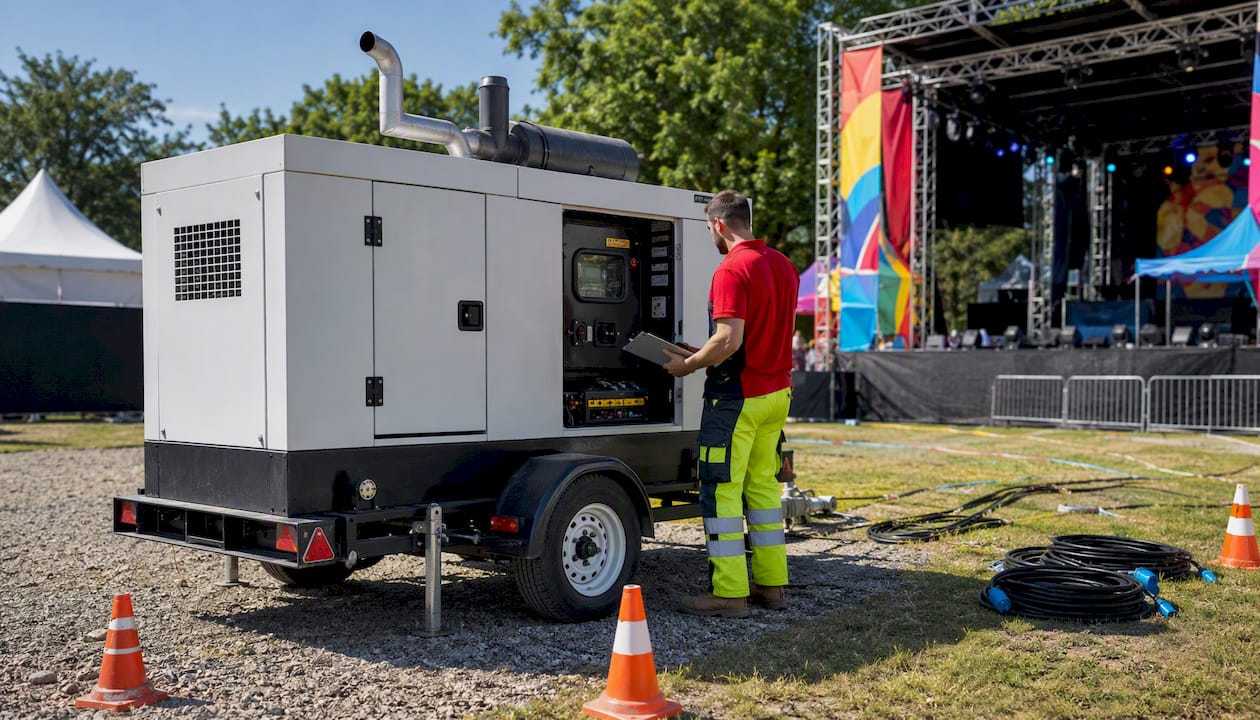 Trailer-mounted diesel generator at event site