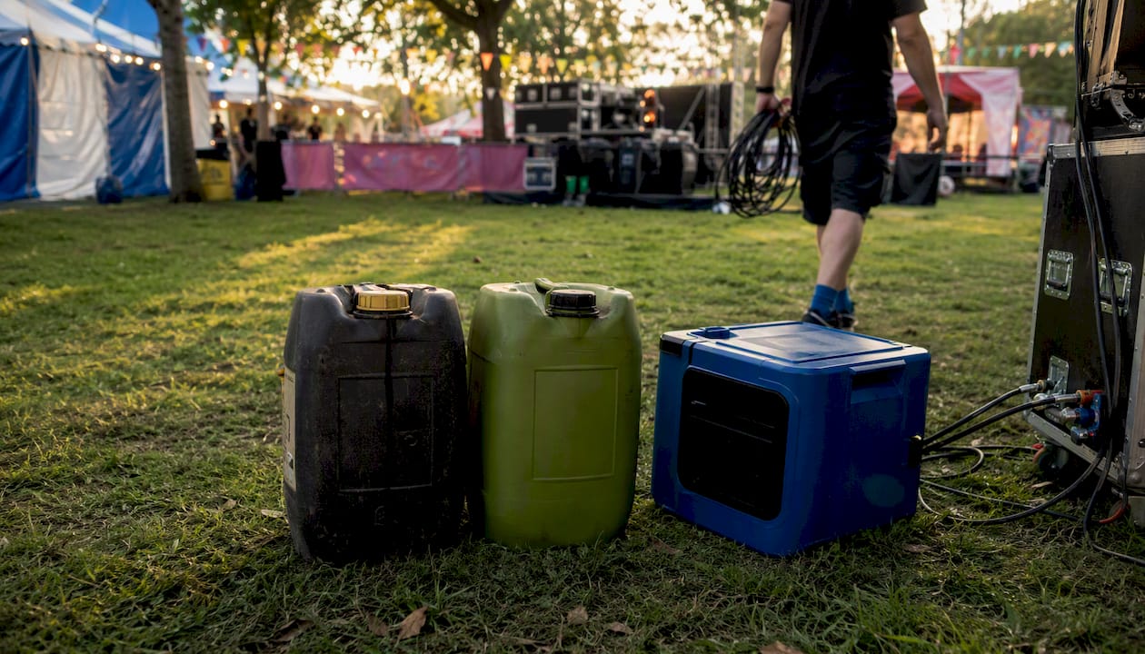 Diesel, HVO fuel containers and battery pack for generators