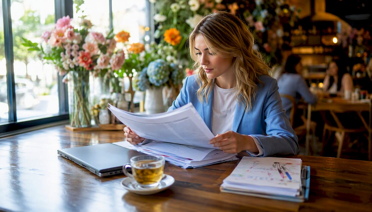 Event planner reviewing printed power quotes at home