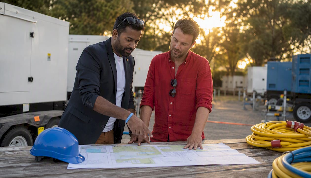 Two men discussing generator hire logistics outdoors