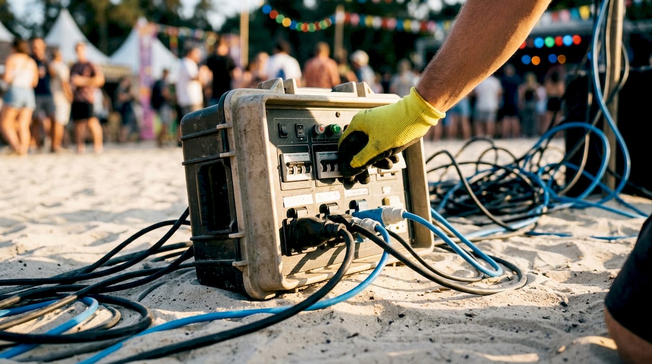Engineer adjusting event power distribution box