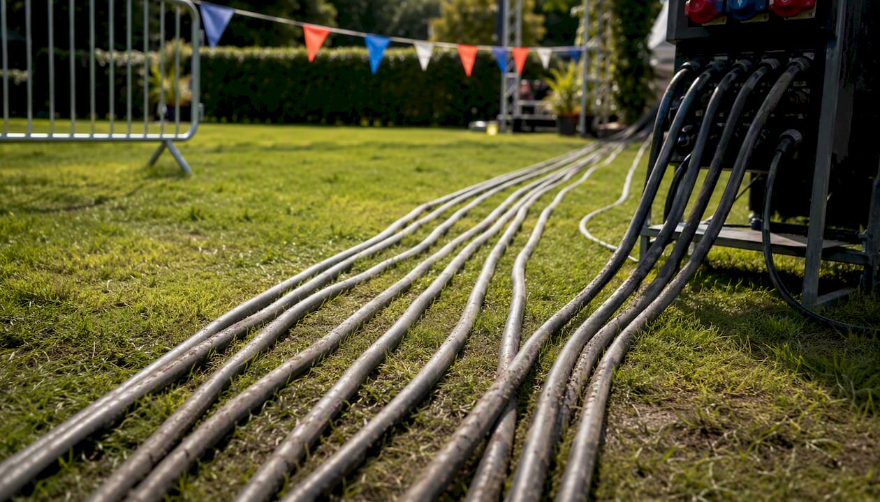 Heavy-duty power cables laid radially on grass