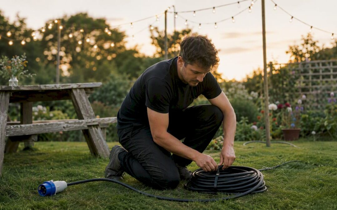 Technician unwinding electrical cable on garden lawn