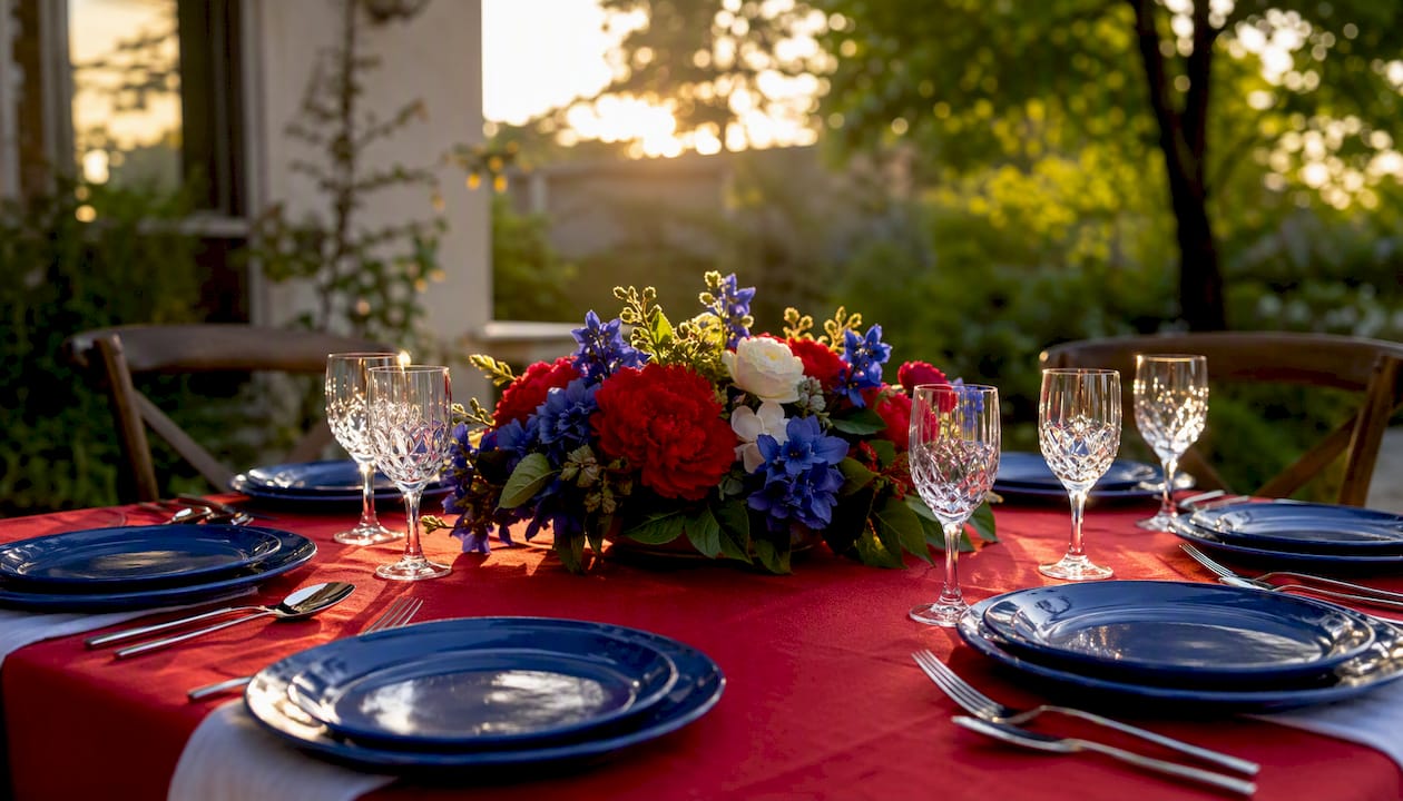 Garden party table with low floral centerpiece