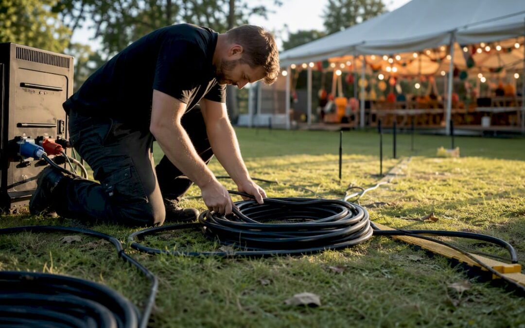 Technician uncoiling power cables outdoors