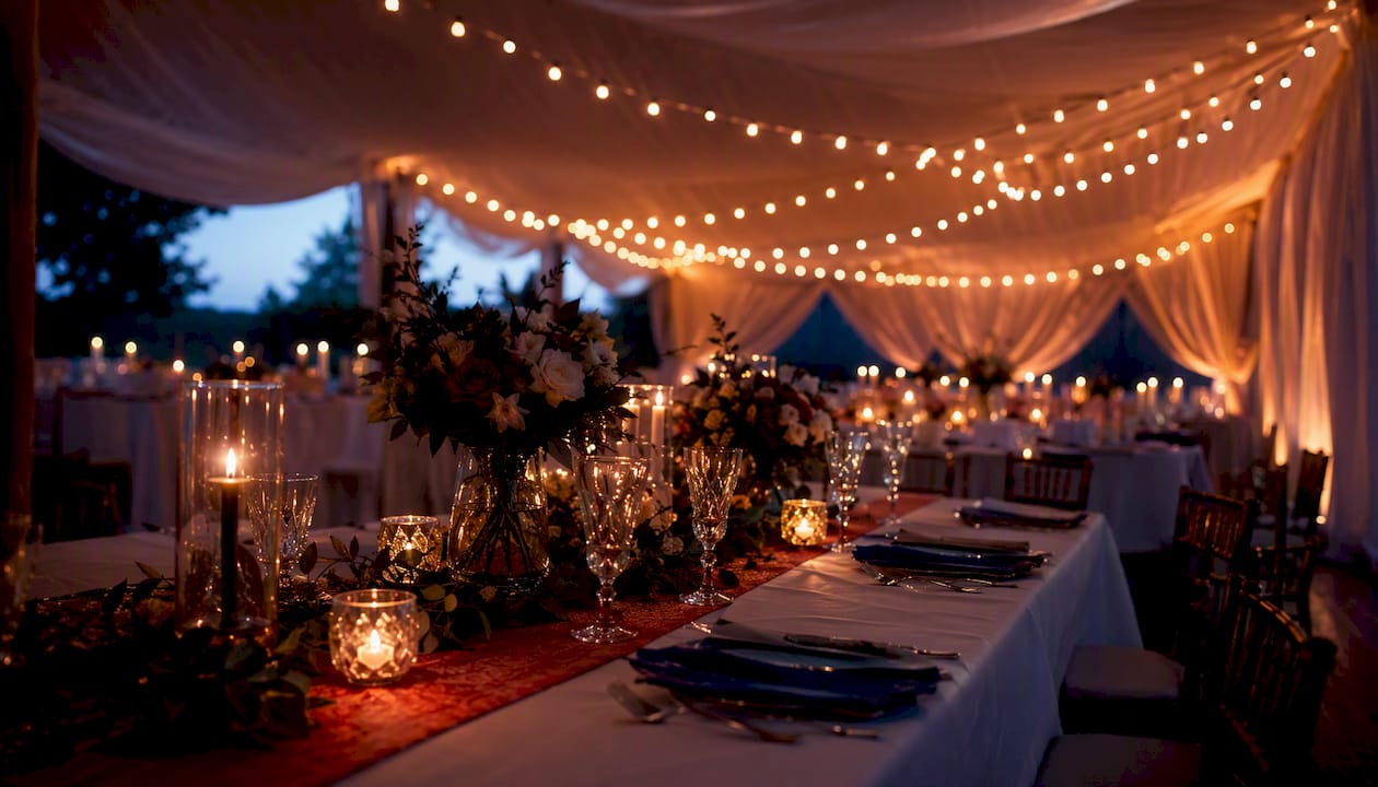 Warm wedding uplighting and festoon ceiling lights