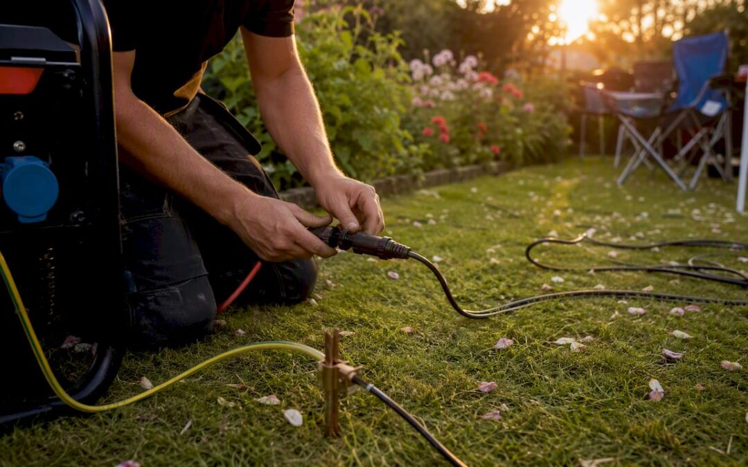 Technician checking earthing and cables at outdoor event