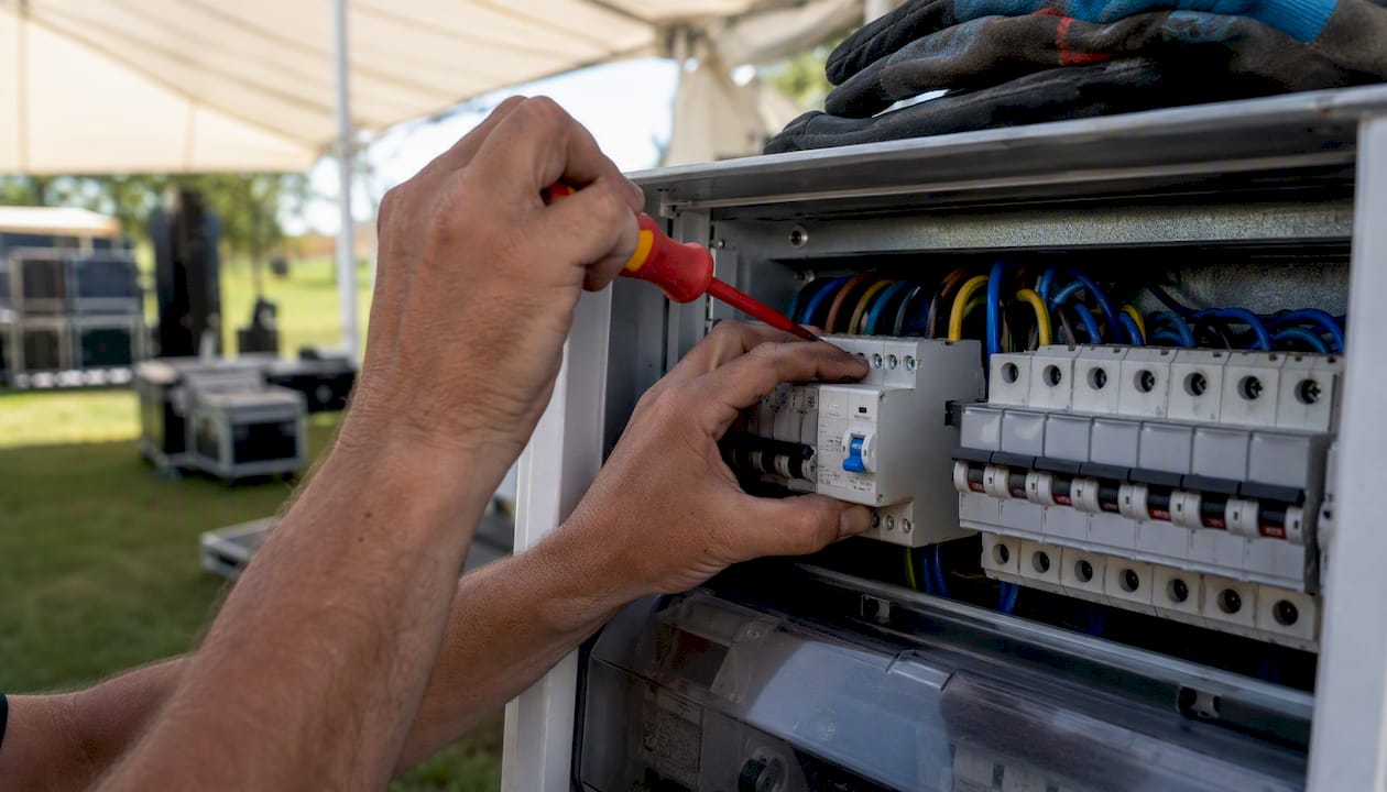 Hands installing RCD device in event electrical panel