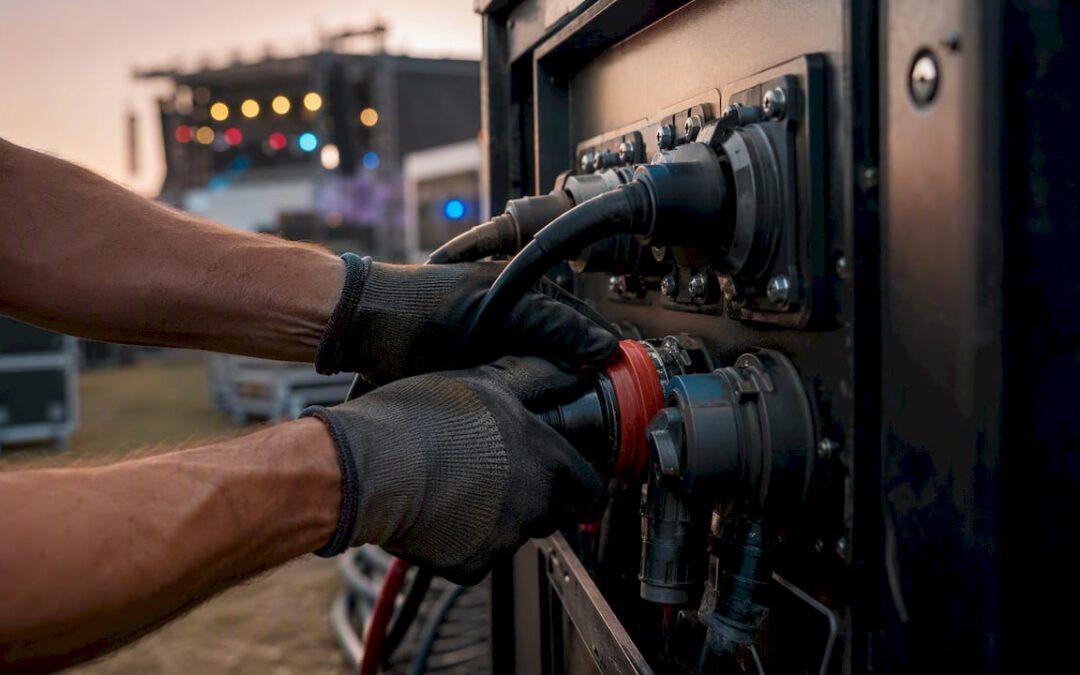 Hands connecting power cables to generator panel
