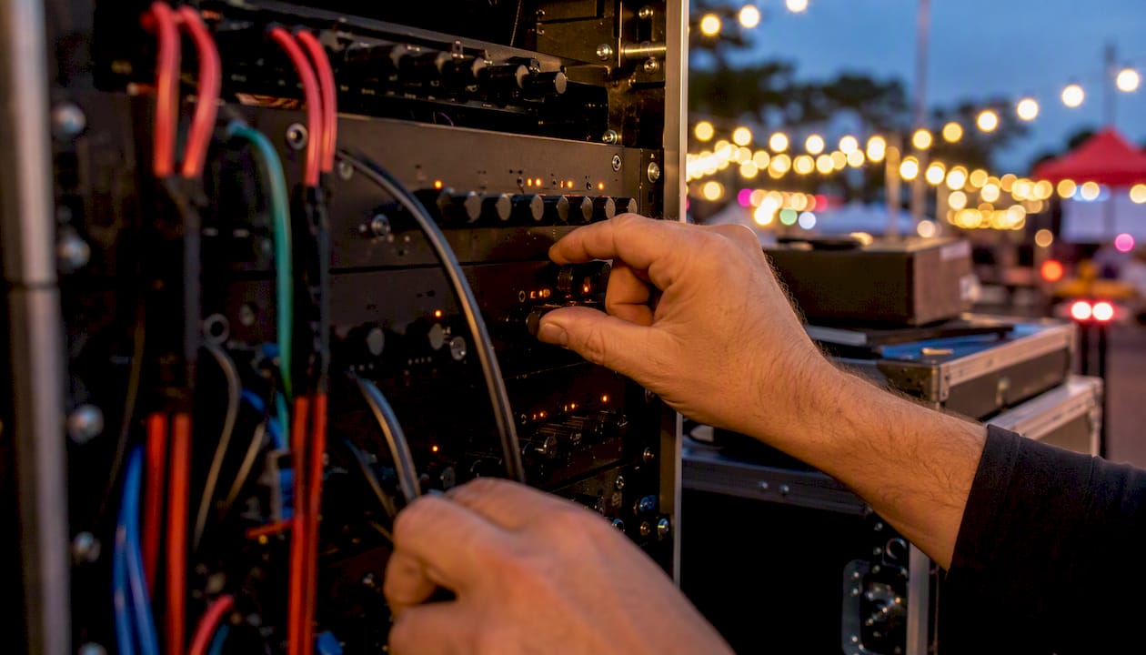 Hands adjusting LED lighting control panel
