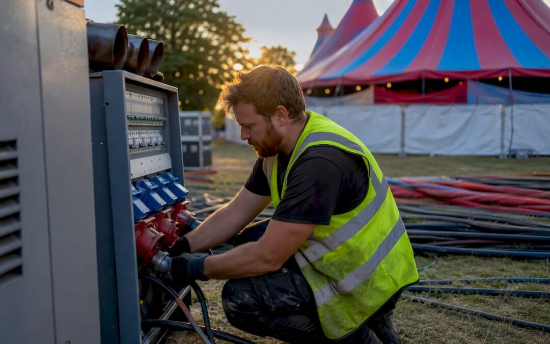 Technician inspecting event power distribution board