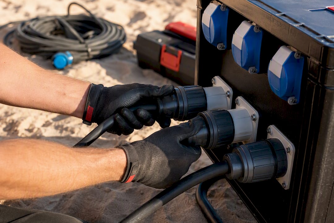 Hands plugging cables into outdoor distribution board