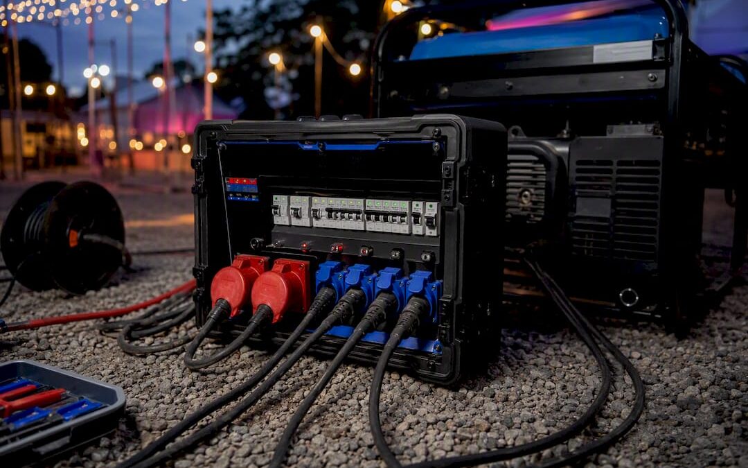 Portable power distribution box and cables at outdoor event