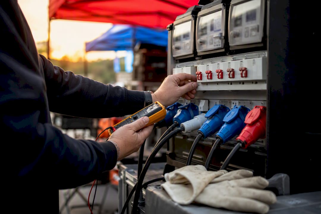 Hands adjusting switches on event power distribution board