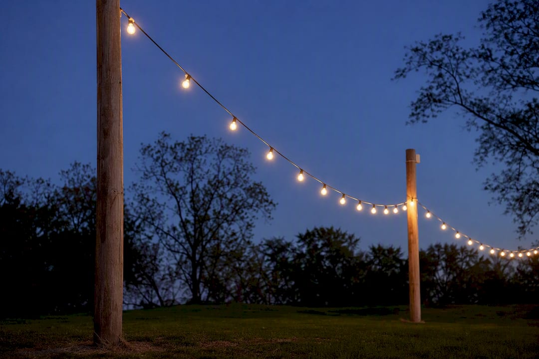 Warm festoon bulbs on catenary wire at dusk