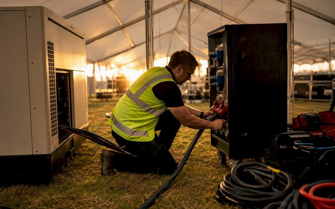 Electrician connecting power in large marquee