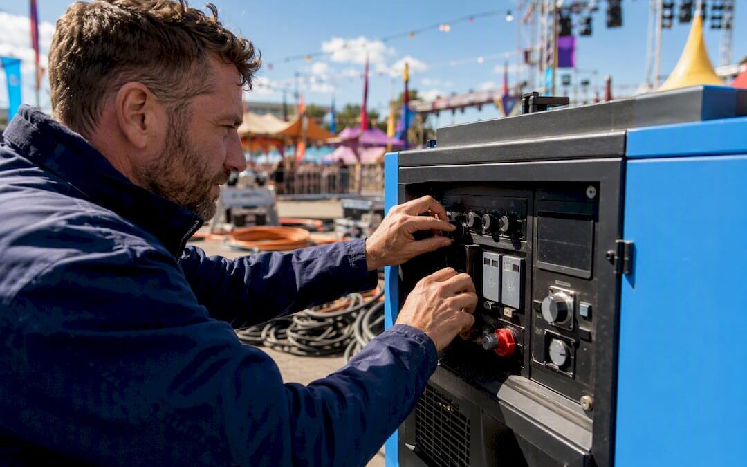 Electrician adjusting generator controls outdoors