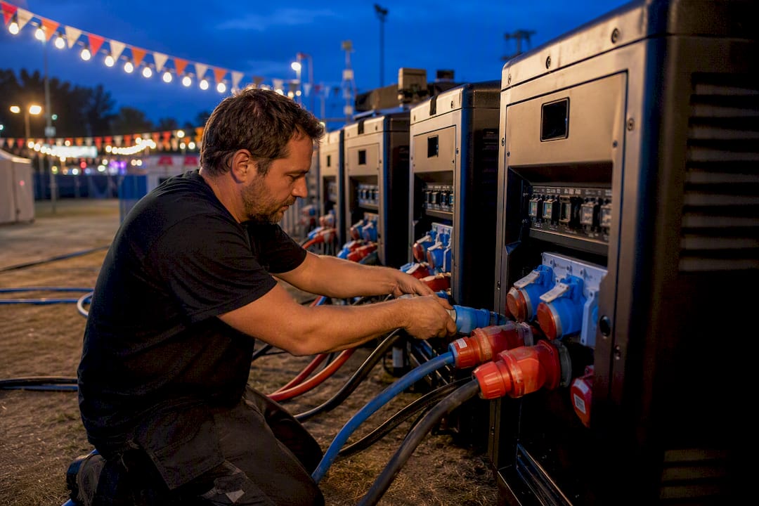 Technician connecting cables to multiple event generators