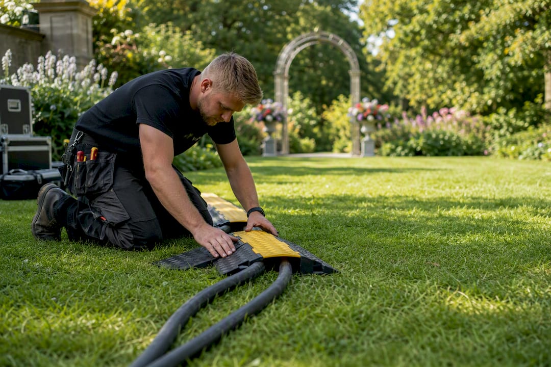Power cable setup at garden wedding