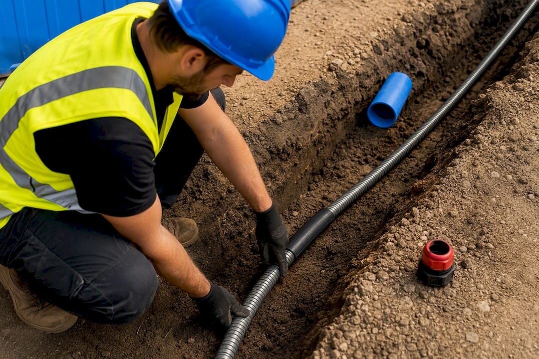 Armoured cable placed in a protected trench
